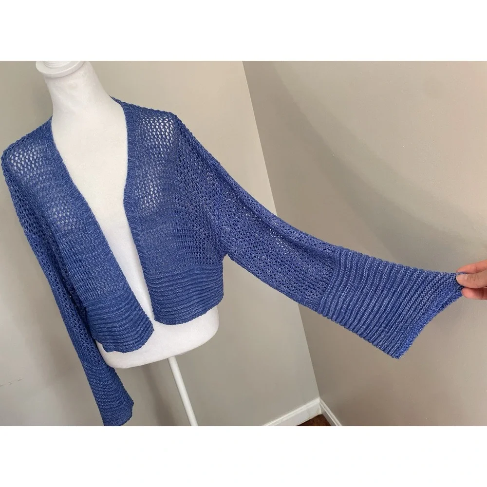 Anthropologie Women One Size Open Knit Cardigan Bell Sleeve Cropped Blue Hippie‎